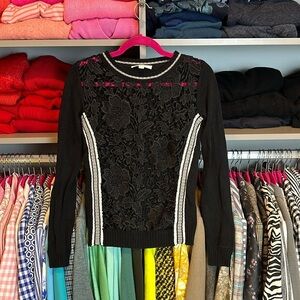 Piperlime black striped lace front long sleeve sweater size XS